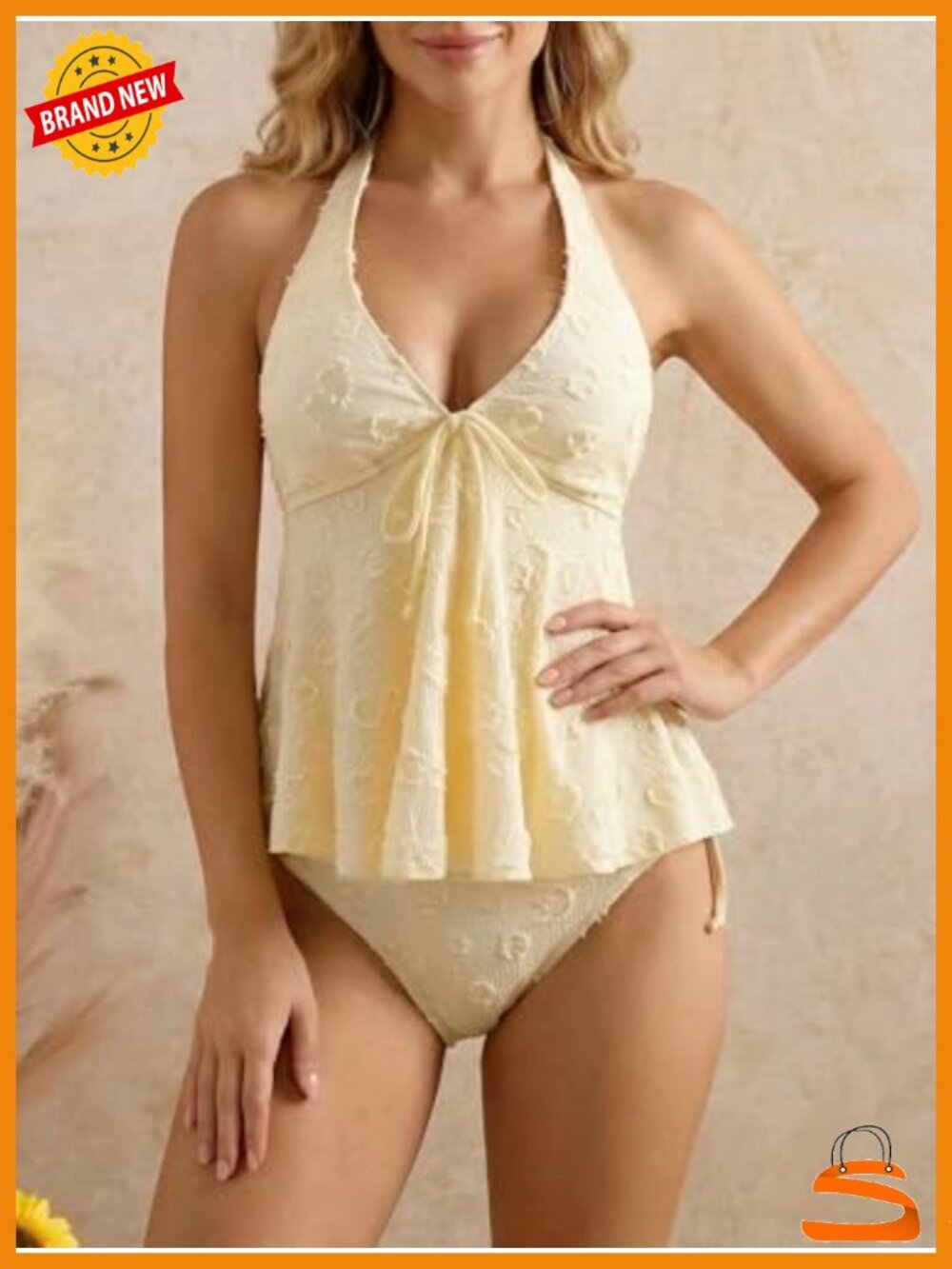 2 Piece Halter Tankini Set Textured Babydoll Tops with Panty Swimsuits - Picture 2 of 6
